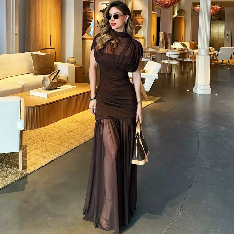 Glorol - Elegant See Through Patchwork High Waist Maxi Dress
