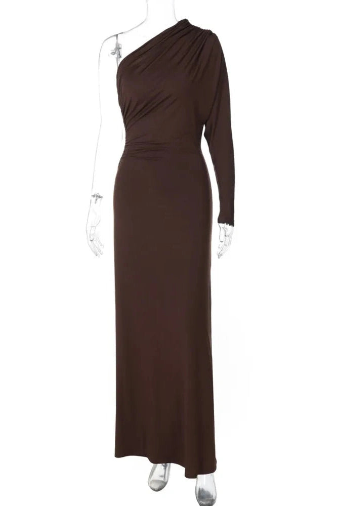 Glorol - Inclined Shoulder One Sleeve Backless Irregular Maxi Dress