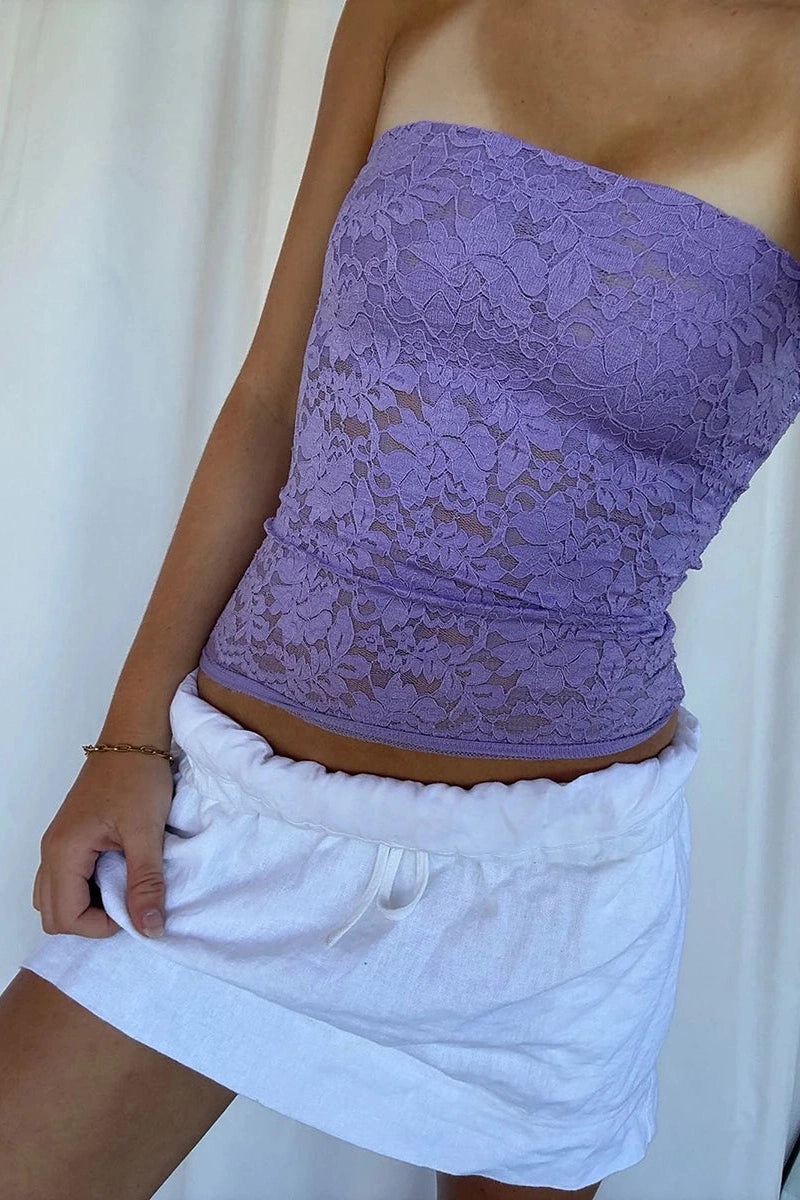Glorol - Lace Slim See-Through Off-Shoulder Sleeveless  Top