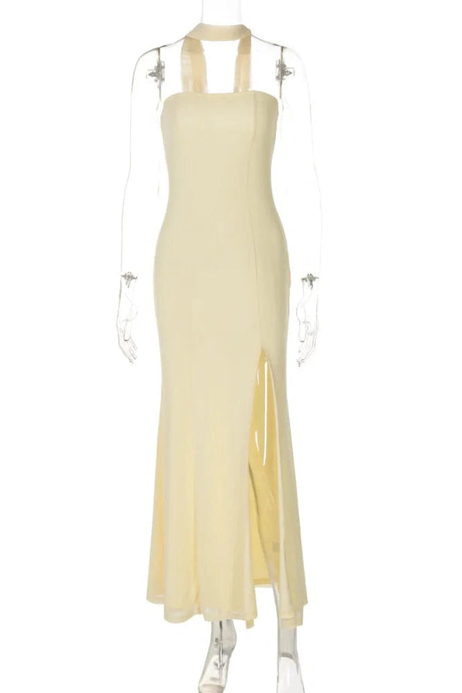 Glorol - Scarf Collar Off-Shoulder Strapless Backless High Split Maxi Dress
