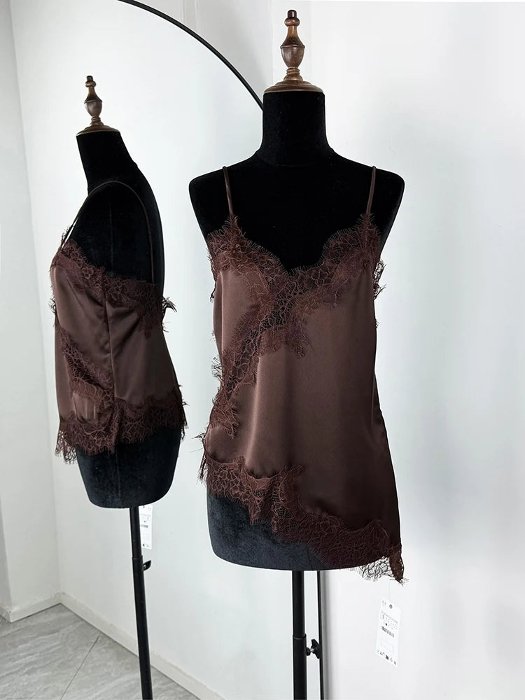 Glorol - Lace Spaghetti Strap Slit Bodycon Mini Dress