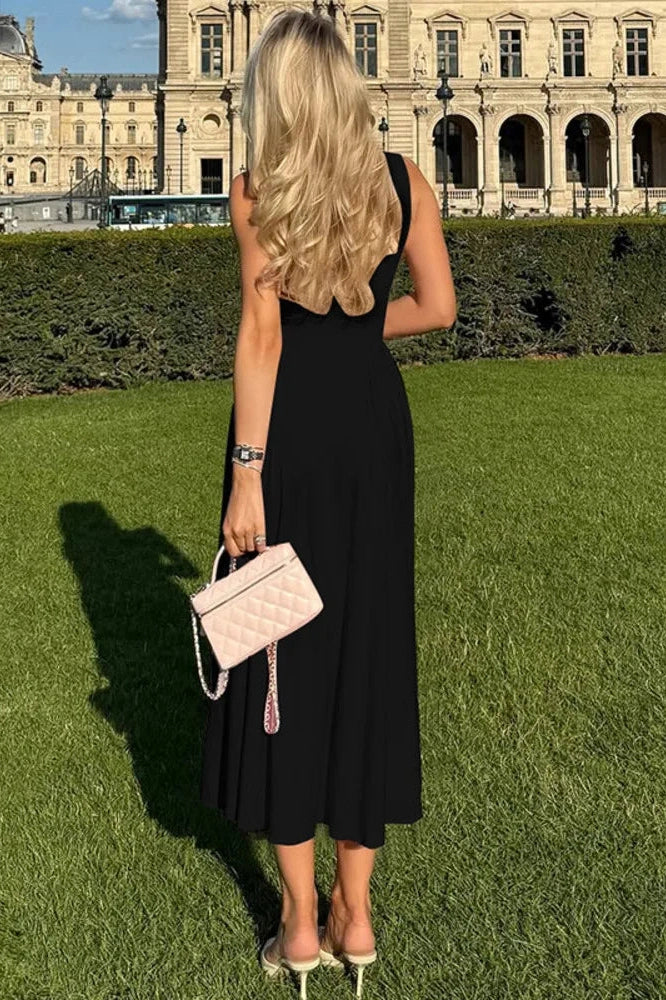 Glorol - Sleeveless Pleated O Neck High Waist A-Line Midi Dress