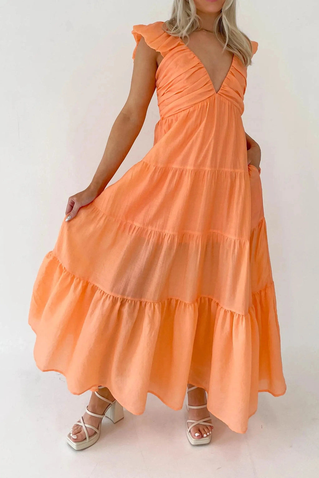 Glorol - Elegant V-Neck Loose Pleated Maxi Dress