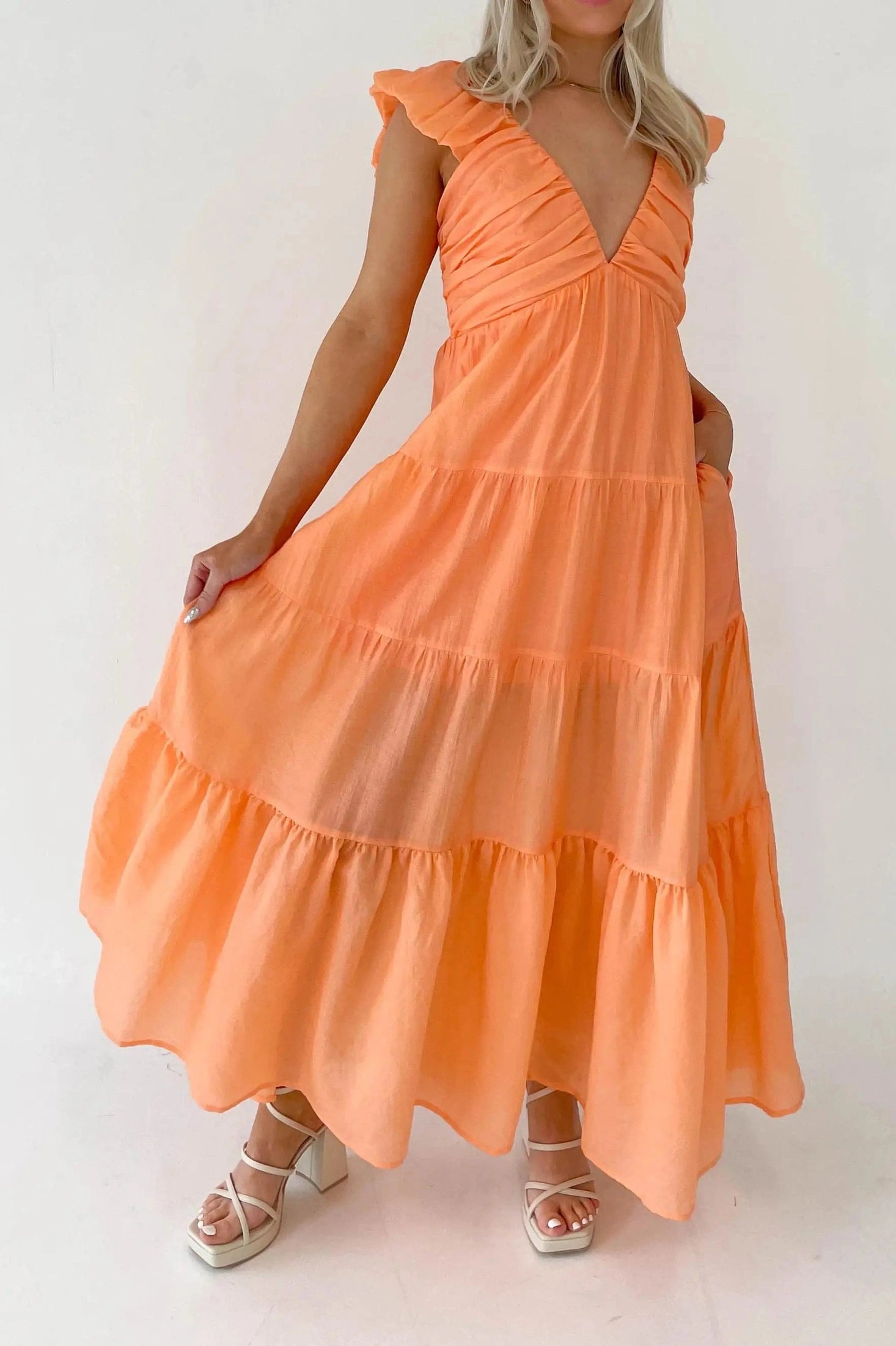 Glorol - Elegant V-Neck Loose Pleated Maxi Dress