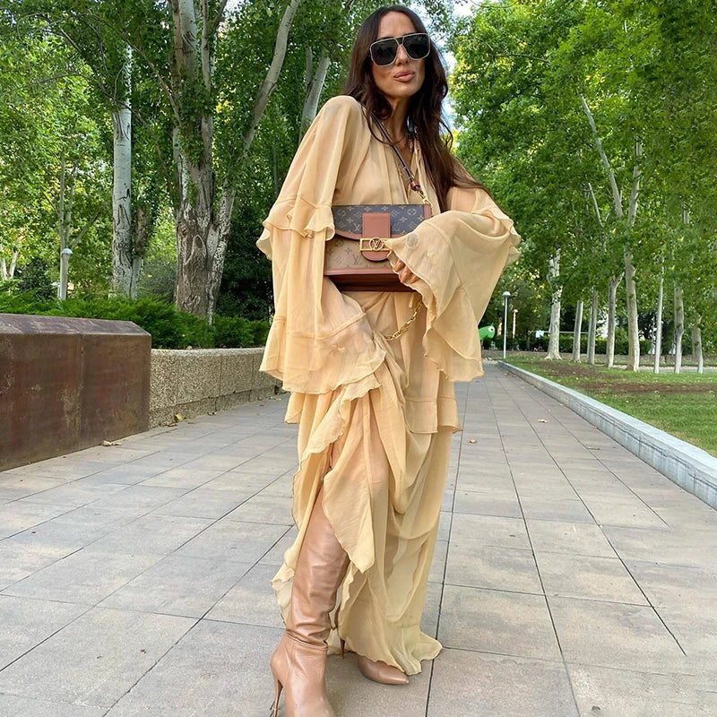 Long Sleeve V-Neck Loose Maxi Dress