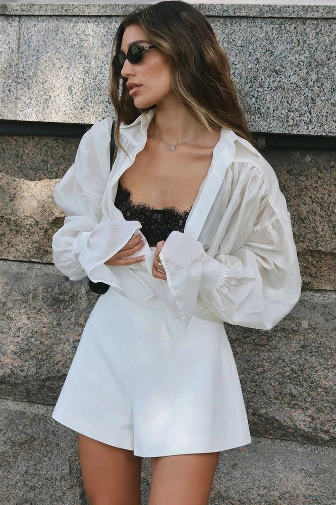 Glorol - See-Through Loose Slim Long Sleeve Pleated Top