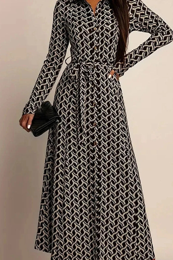 Glorol - Printed High Waist Long Sleeve Pleat Midi Dress