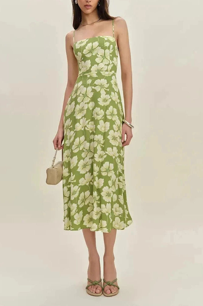 Glorol - Backless Fit Floral Printed Sleeveless High Waist Midi Dress