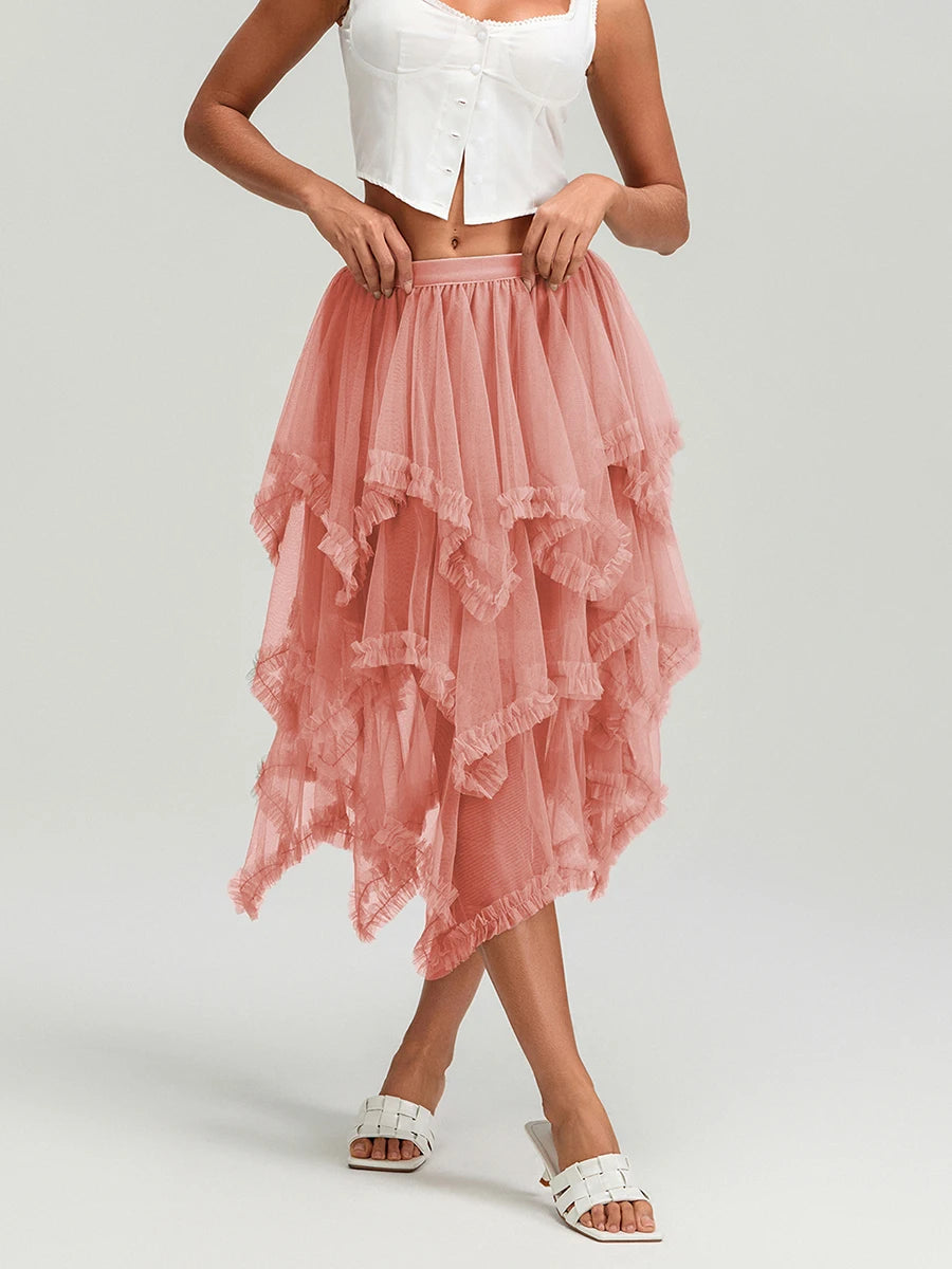 Glorol - High Waist Layered Tulle Frill Trim Skirt