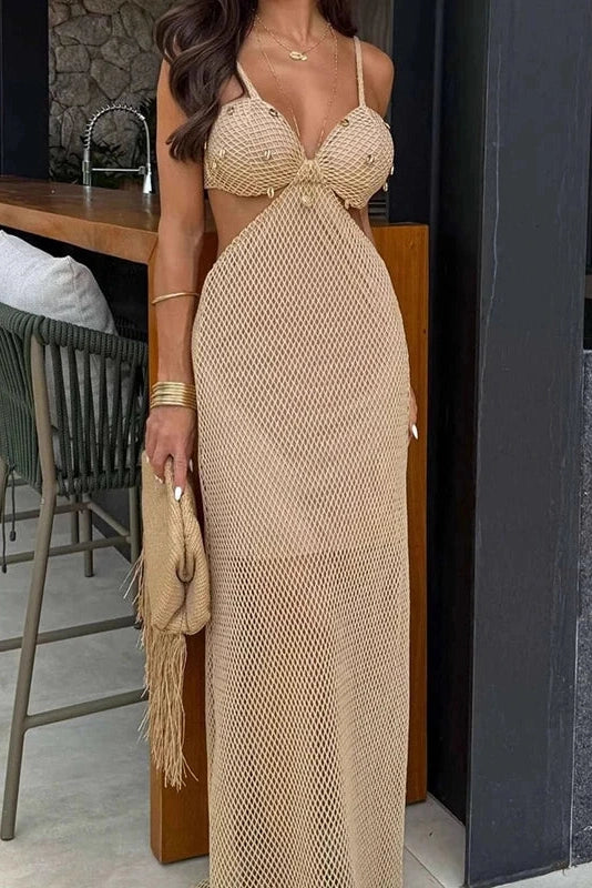 Hollow Out Backless V-Neck Knitted Maxi Dress