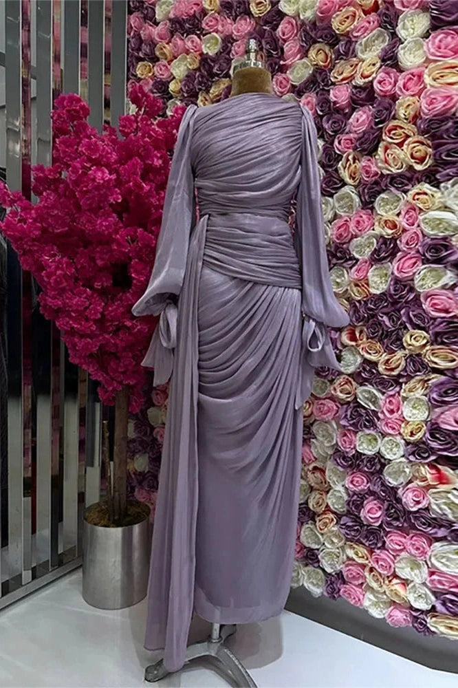 Glorol - Elegant Long Sleeve High Waist Pleated Slim Maxi Dress