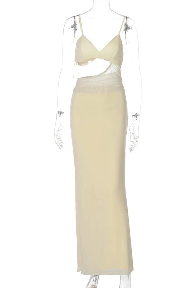 Glorol - Hollow Out Spaghetti Strap Sleeveless Backless Patchwork Maxi Dress