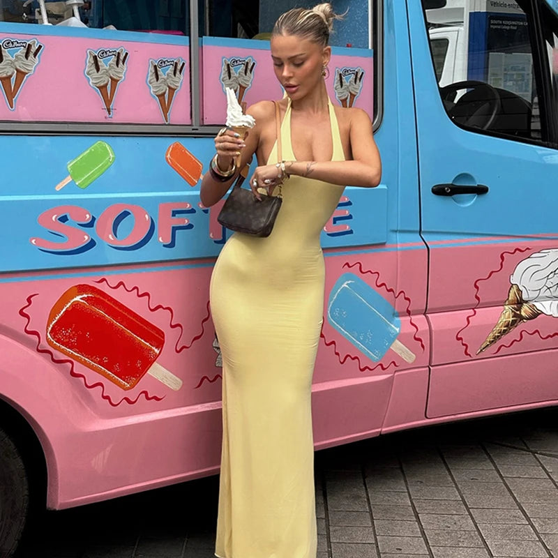 Glorol - Deep V-Neck High Waisted Backless Maxi Dress