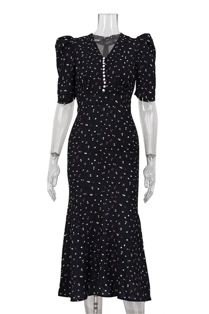 Glorol - Printed High Waist V-Neck Short Sleeve Slim Maxi Dress