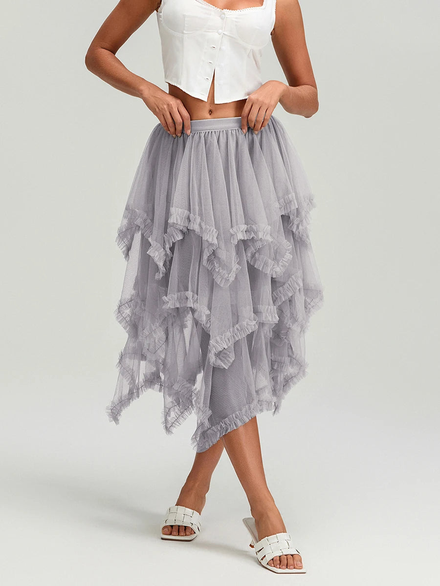 Glorol - High Waist Layered Tulle Frill Trim Skirt