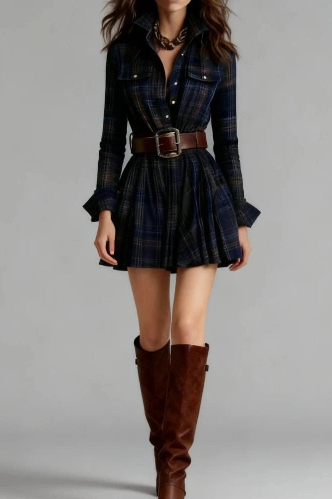 Glorol - Long Sleeve Pleated High Waist Slim Stripe Printed Mini Dress