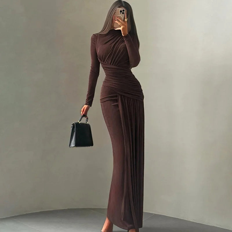 Glorol - Round Neck High Waist Long Sleeve Maxi Dress