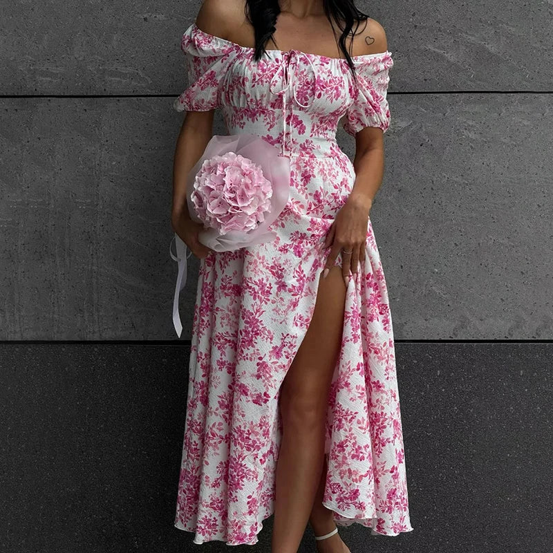 Glorol - Off Shoulder Short Sleeve Lace Printed Slit Maxi Dress