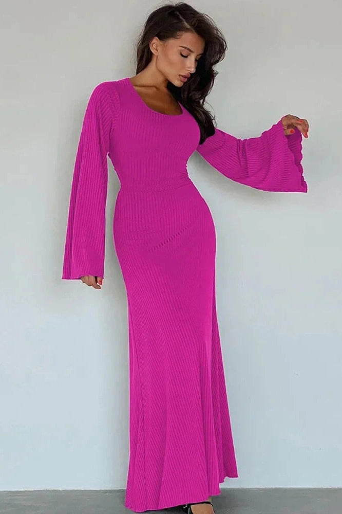 Glorol - Lace-Up Long Sleeve Slim Loose Maxi Dress