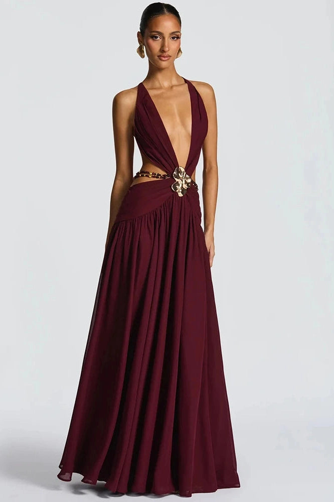 Glorol - Hollow Out Deep V Neck Sleeveless Backless High Split Maxi Dress