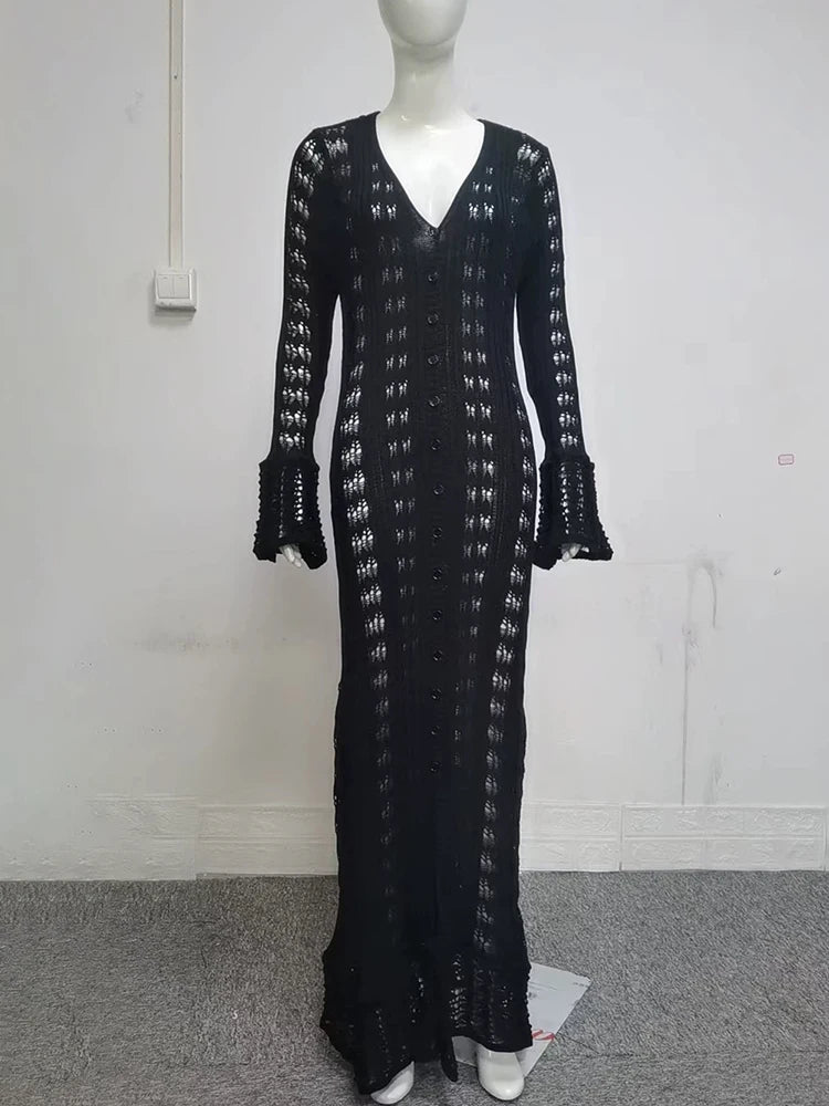 Glorol - Hollow Knitted Long Sleeve Maxi Dress
