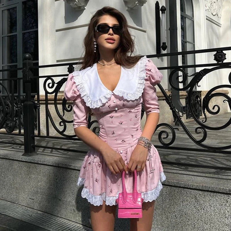 Glorol - Short Sleeve Lace High Waist Mini Dress