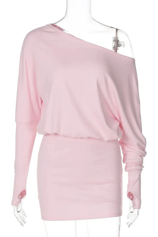 Glorol - One-Shoulder Patchwork Slim Long Sleeve High Waist Mini Dress