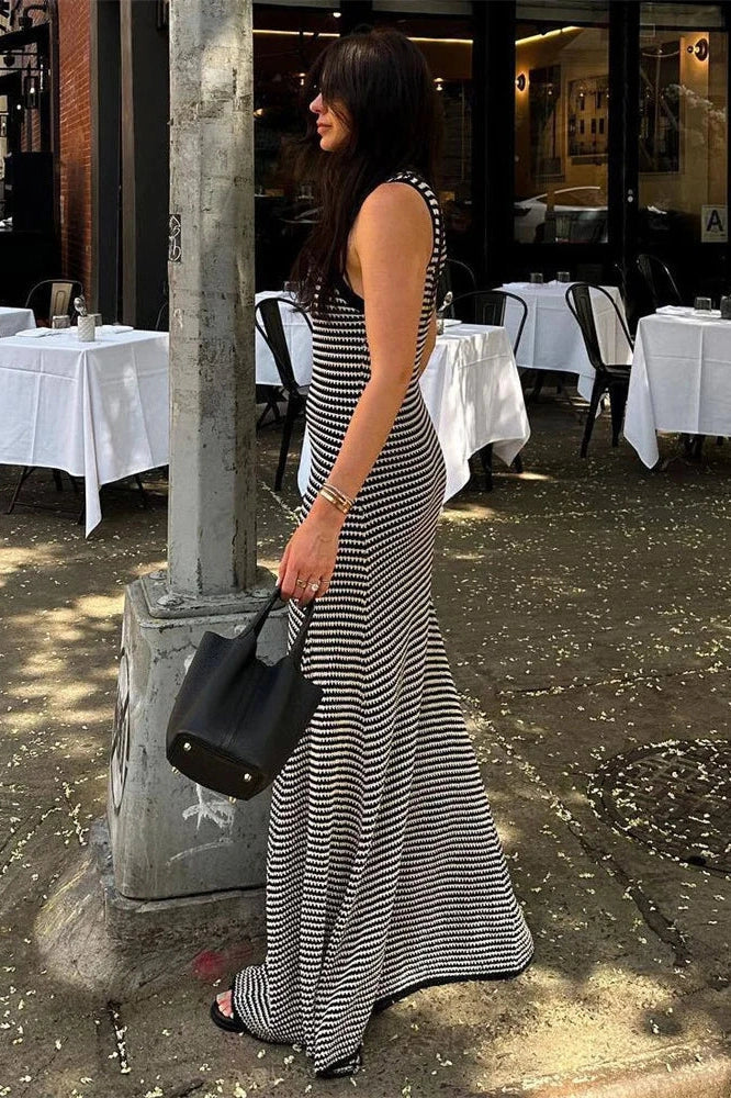 Hollow Out Striped Sleeveless Slim High Waist Maxi Dress