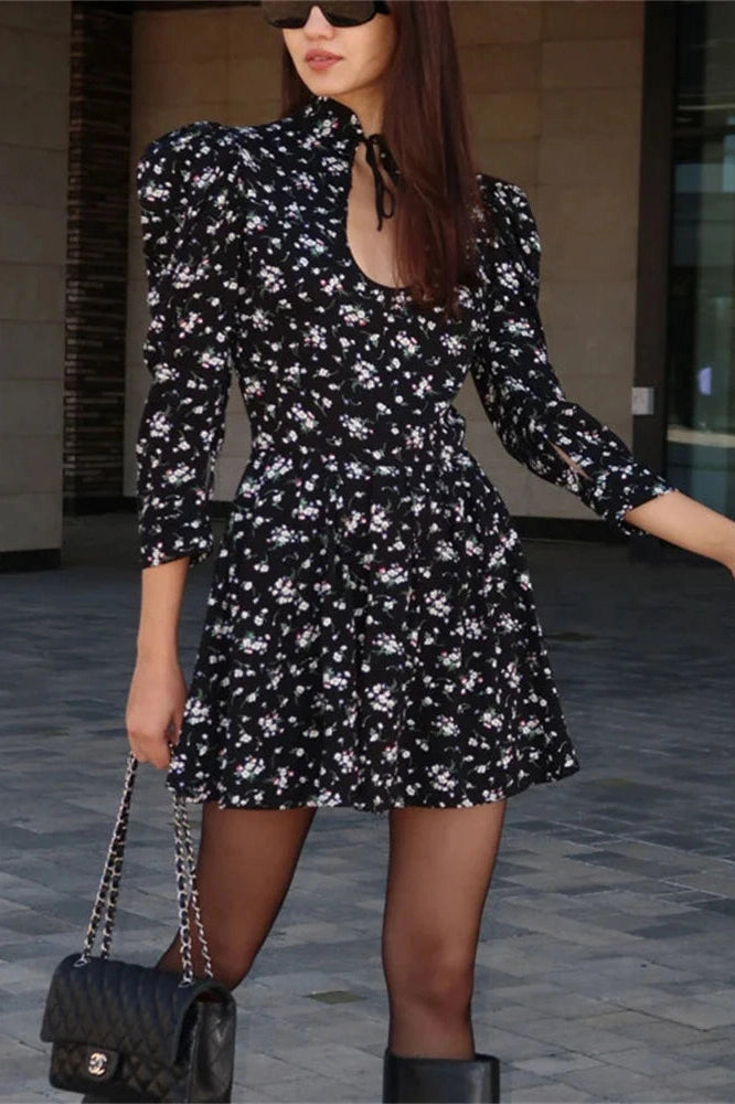 Glorol - Printed Lace-Up Patchwork Long Sleeve High Waist Mini Dress