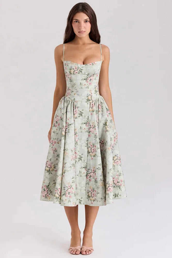 Glorol - Spaghetti Strap Printed Sleeveless A-Line High Waist Pleated Midi Dress