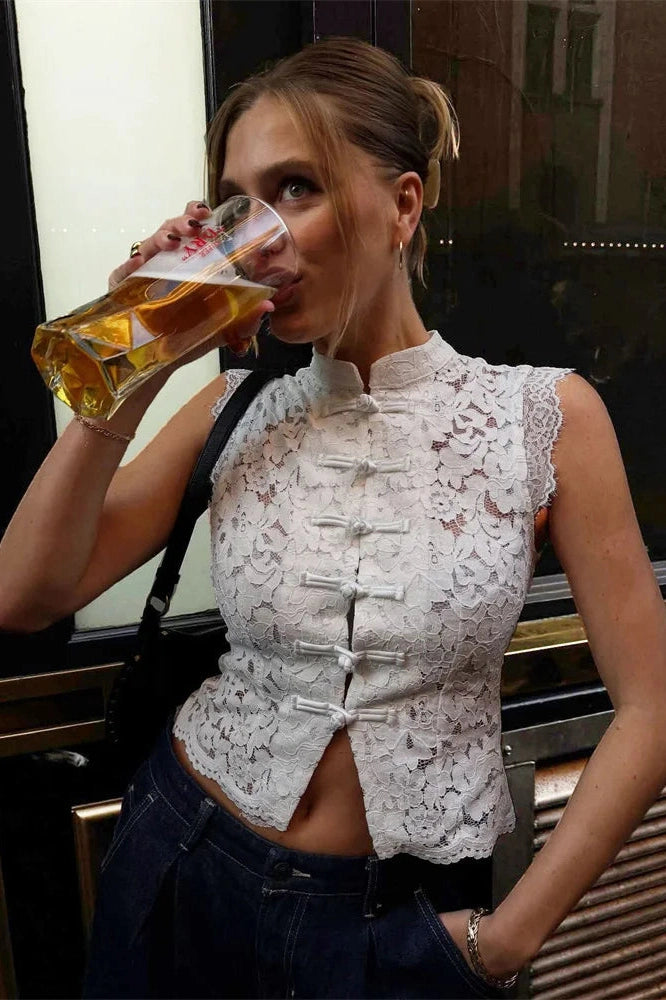 Glorol - Hollow Out Lace Sleeveless Patchwork Top