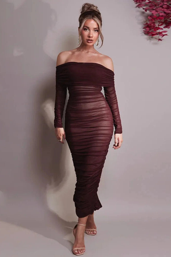 Glorol - Off-shoulder Strapless Long Sleeve Backless Maxi Dress