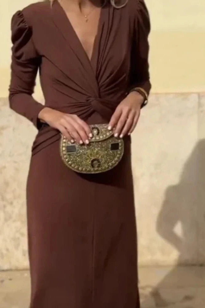 Glorol - Elegant V-Neck Slim Long Sleeve High Waist Maxi Dress
