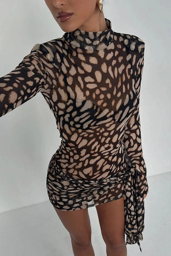 Glorol - Leopard Print Turtleneck High Waist Mini Dress