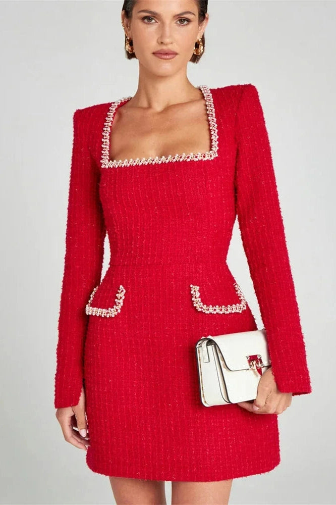 Glorol - Long Sleeve Square Collar Mini Dress
