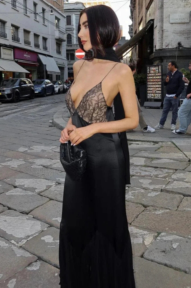 Glorol - Lace Deep V Neck Mesh Slim Maxi Dress