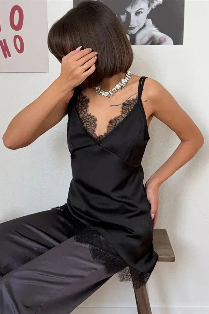 Glorol - Lace V-Neck Backless High Waist Patchwork Mini Dress
