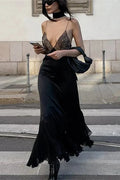 Glorol - Lace Deep V Neck Mesh Slim Maxi Dress