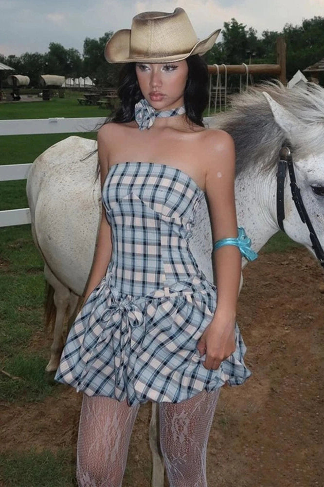 Glorol - Elegant Floral Plaid Print Straps Mini Dress