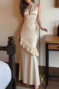 Glorol - Elegant Backless Off-Shoulder Fit High Waist Pleated Irregular Maxi Dress