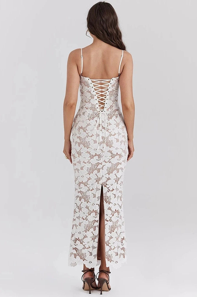 Glorol - Floral Embroidery Spaghetti Strap Sleeveless Maxi Dress