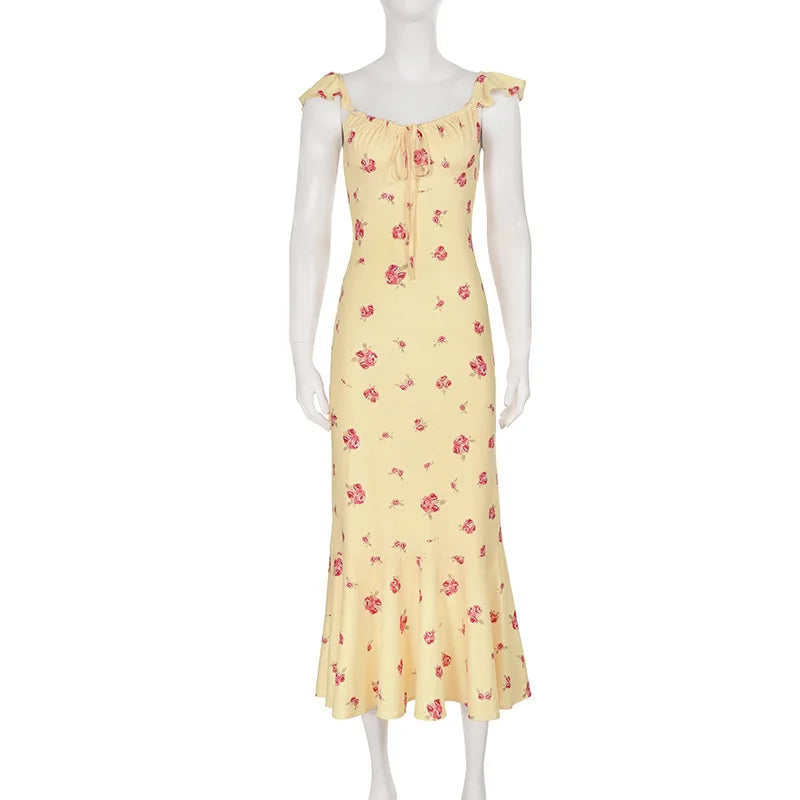 Glorol - Printed Sleeveless Square Collar Slim Maxi Dress