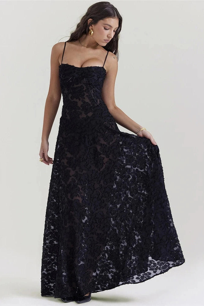 Glorol - Elegant Print Spaghetti Strap Sleeveless Backless Maxi Dress