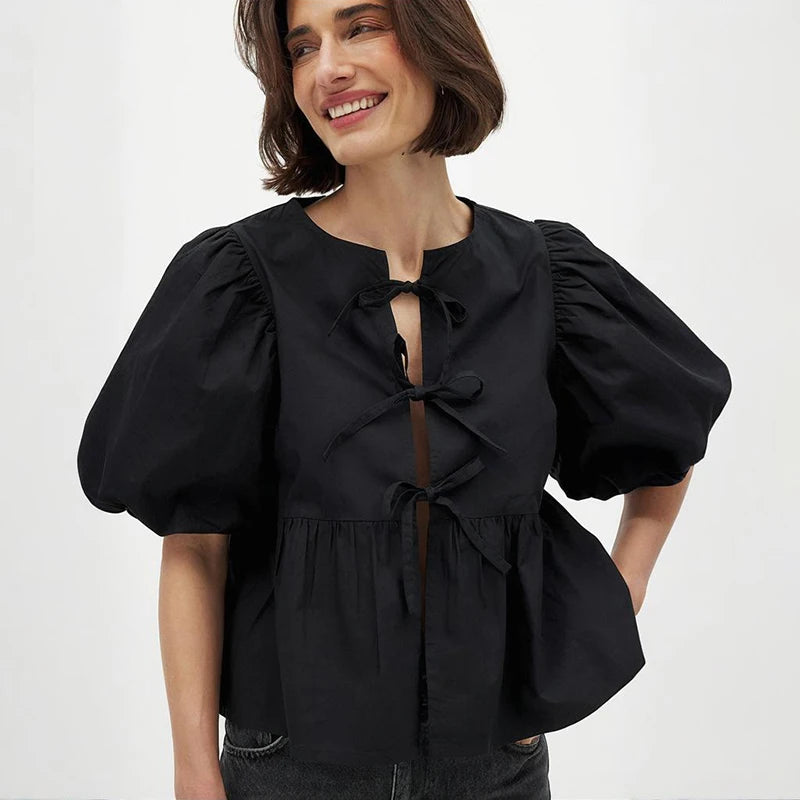 Glorol - Lace-Up Round Neck Loose Short-Sleeve Top