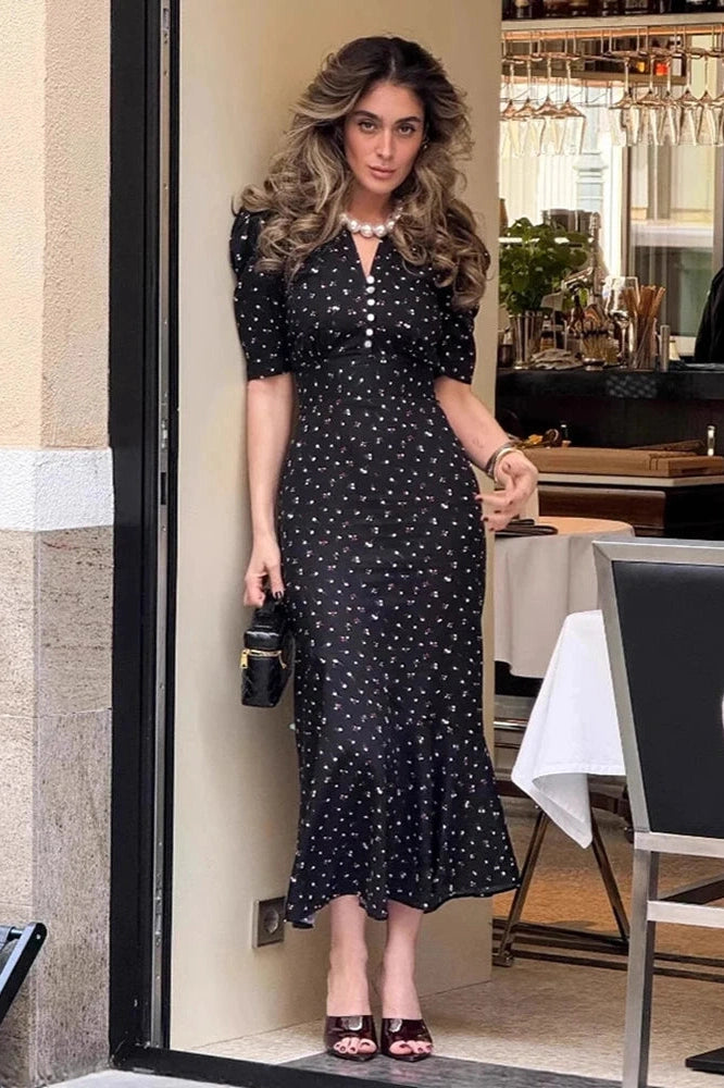 Glorol - Elegant Printed Puff Sleeve V-Neck High Waist Maxi Dress