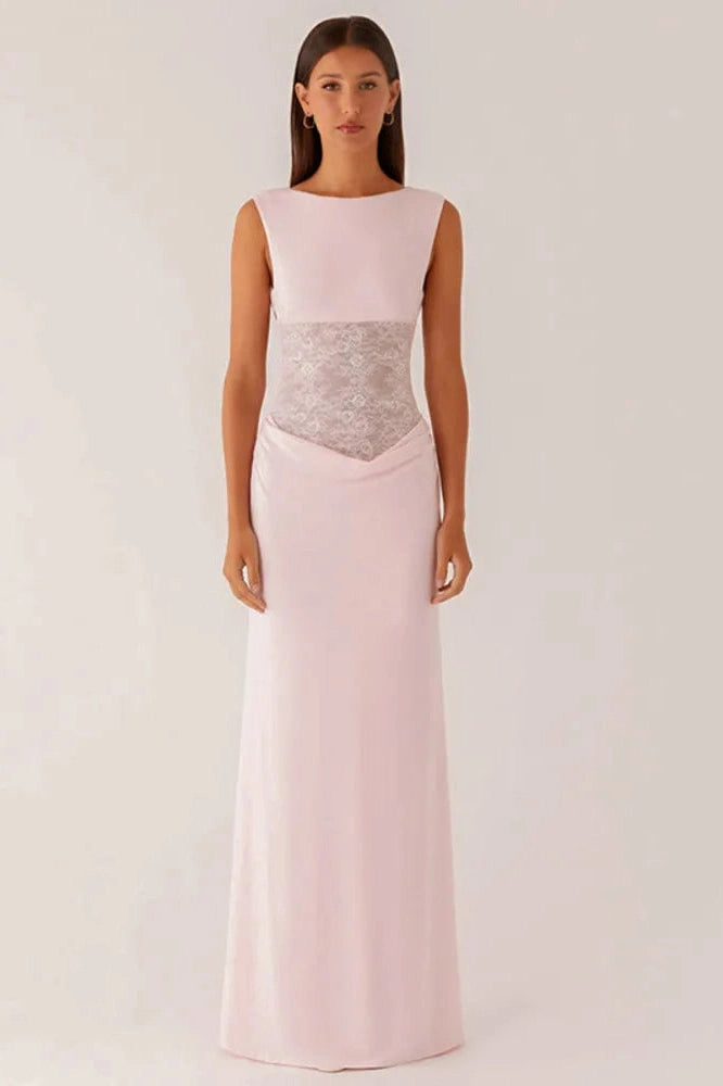 Glorol - Backless Sleeveless Lace Patchwork High Waist Bodycon Maxi Dress