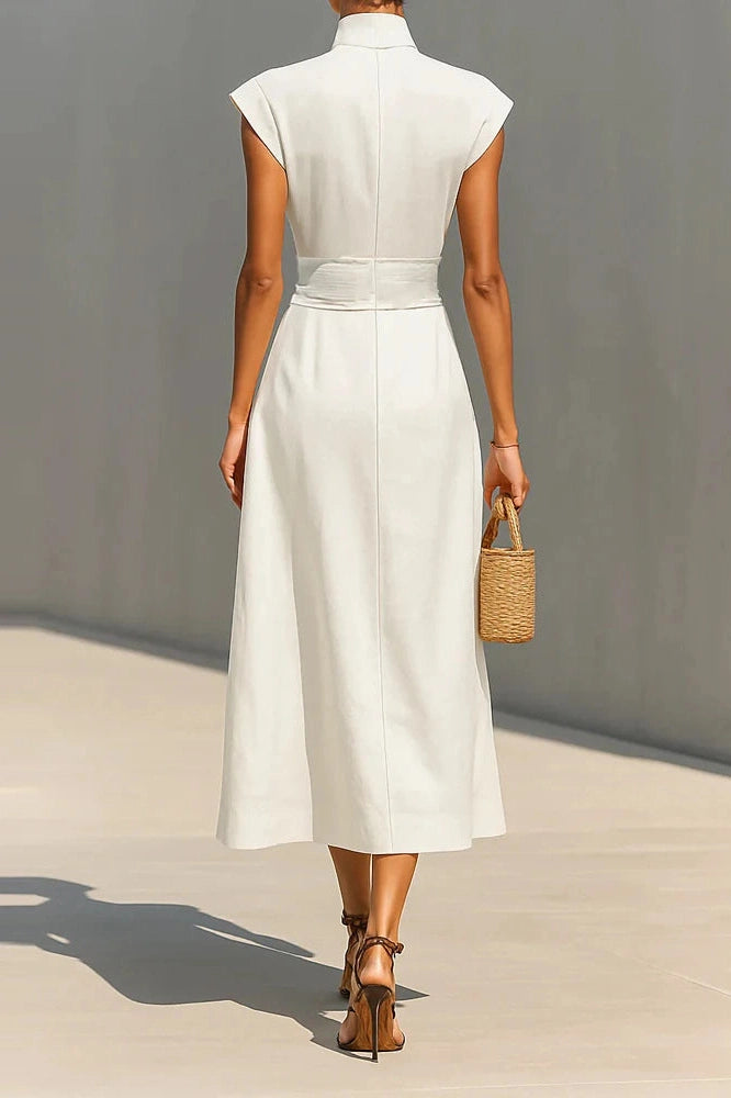 Glorol - Elegant High Waist Slim Pleated Sleeveless Midi Dress
