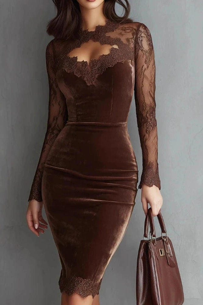 Glorol - Lace Hollow Out See-Through Sleeve Slim High Waist Midi Dress