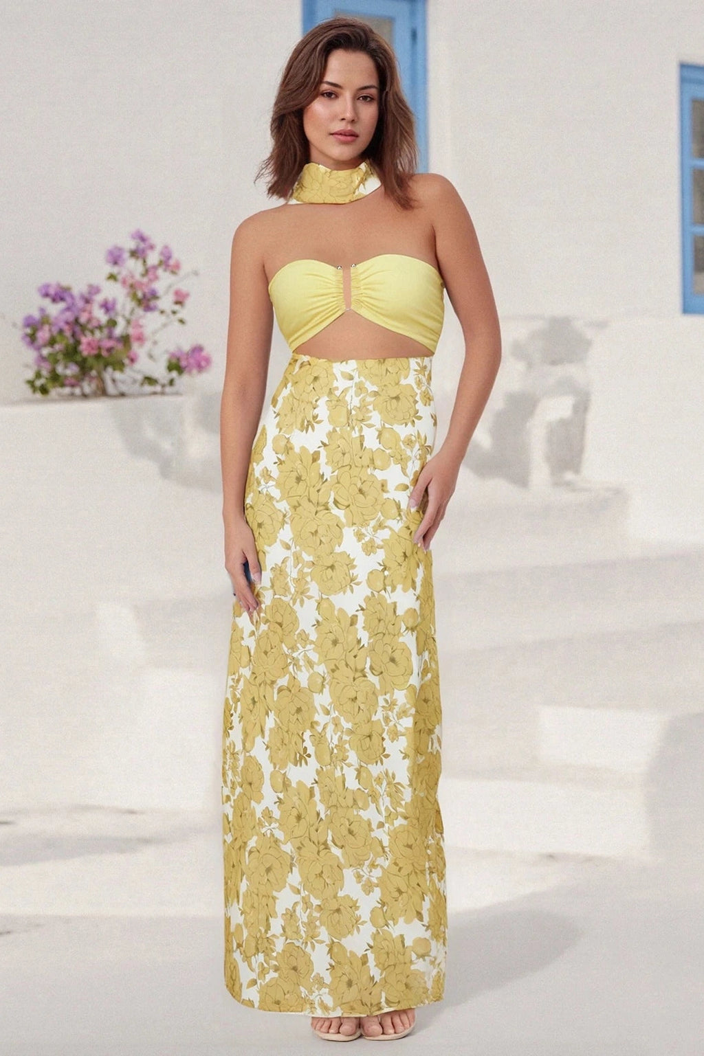 Glorol - Floral Print Backless Strapless Maxi Dress