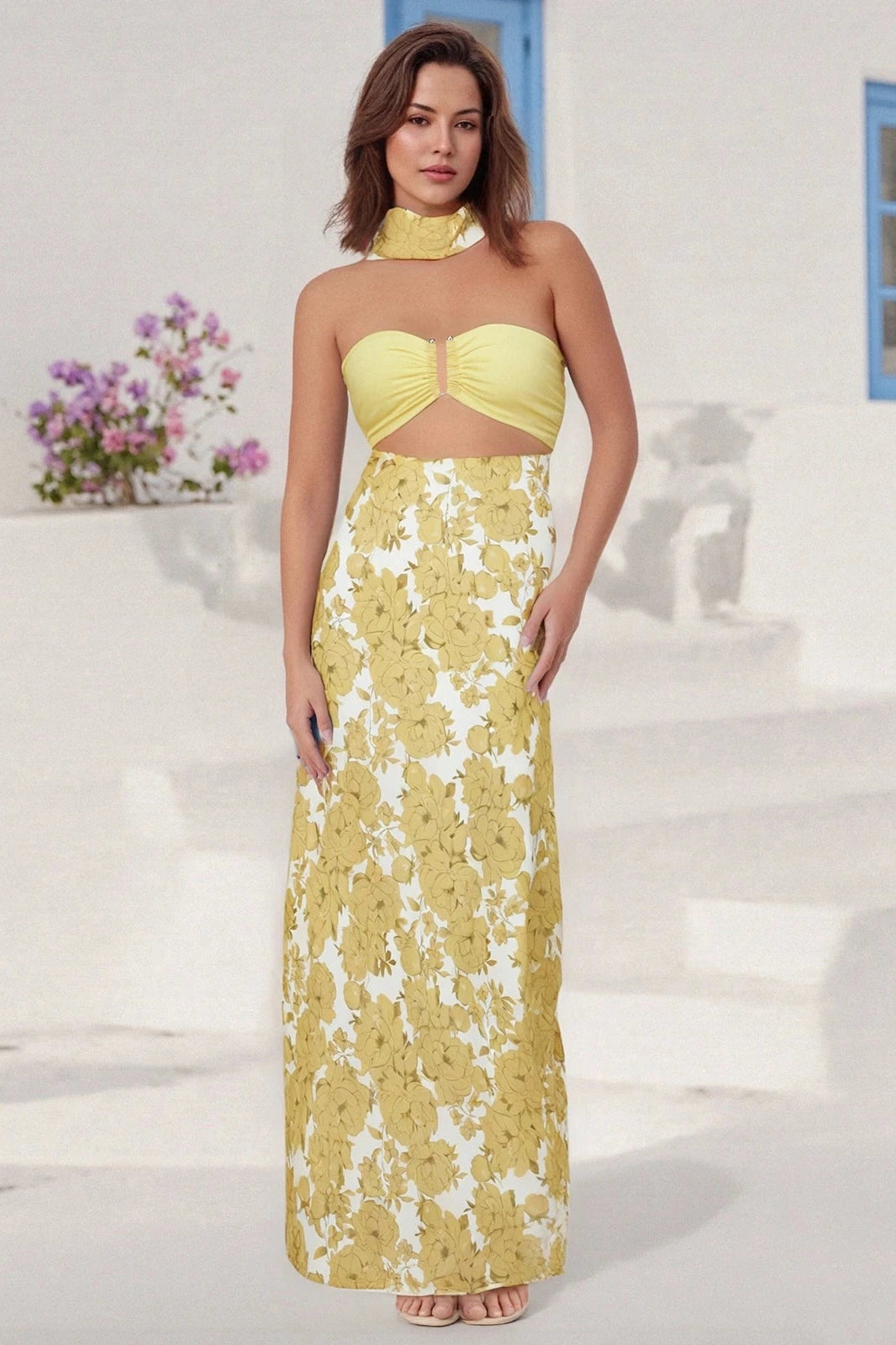 Glorol - Floral Print Backless Strapless Maxi Dress